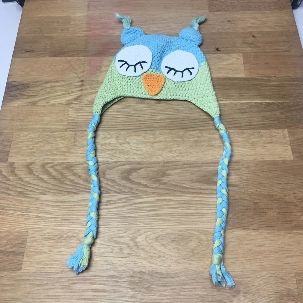 Handmade Kids Crochet Sleepy Owl Earflap Hat Blue Green Braided Tassels